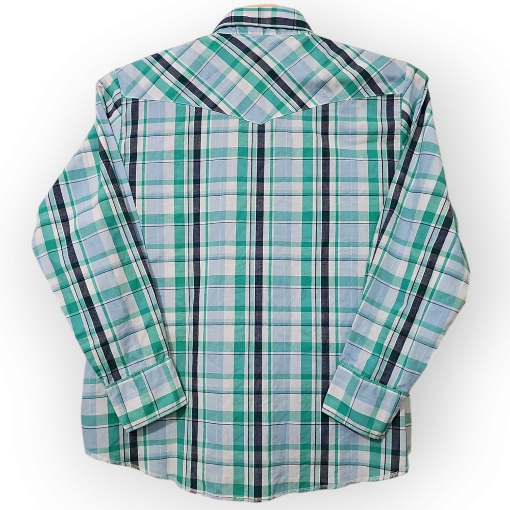 Rustler X-Long Tails‎ Teal, White, Navy Western Pearl Snap Wrangler Cowboy Rodeo - Picture 3 of 9